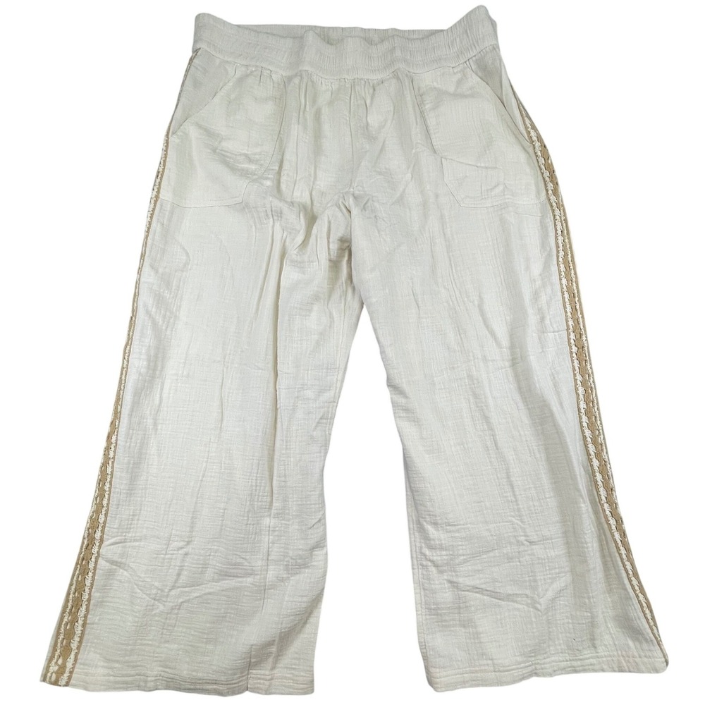 NWT Aerie XXL Cream Gauze Wide Leg Beach Pants Crochet Trim Elastic Waist